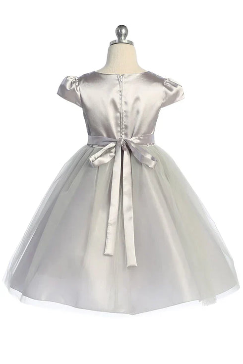 Girls Cap Sleeve Waistline Trim Satin Tulle Junior Bridesmaid Dress 2-14